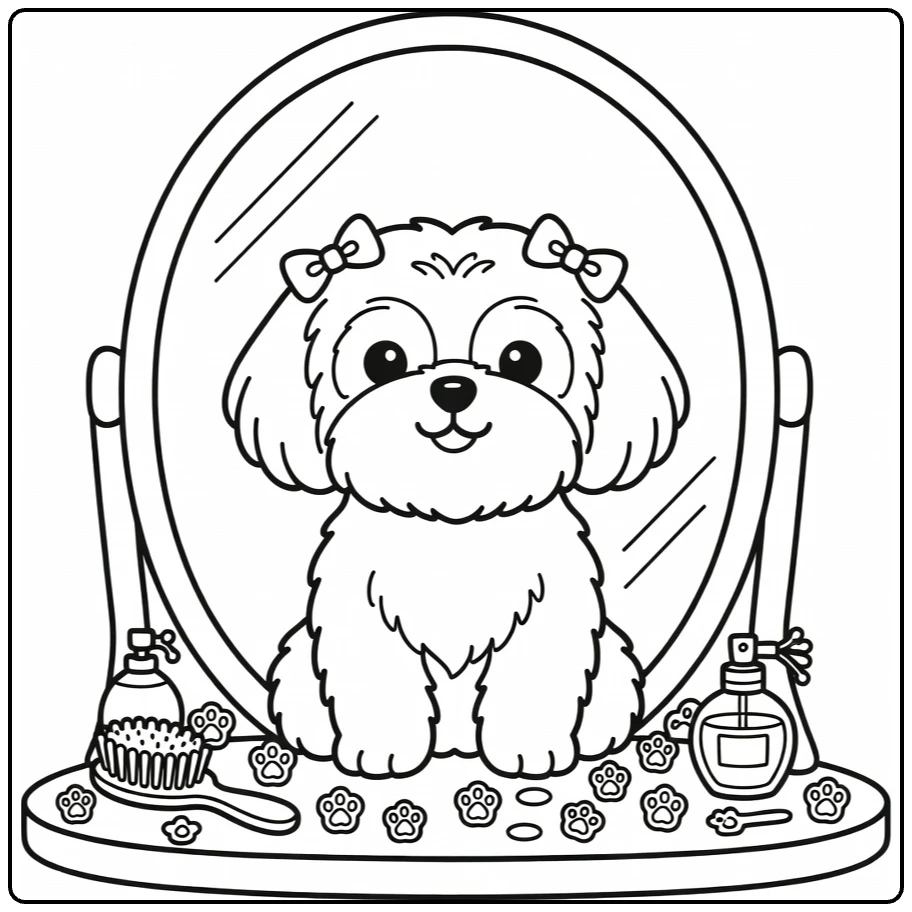 Dog with bow coloring page: Shih Tzu with bows at vanity