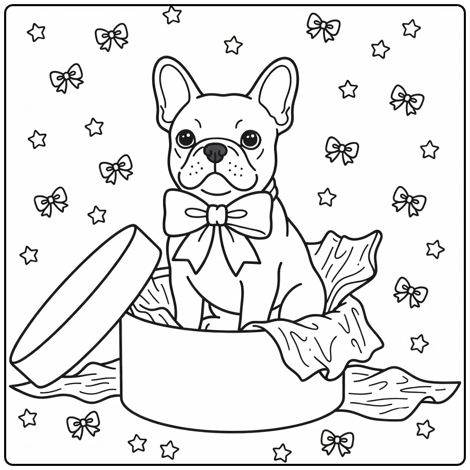 Dog with bow coloring page: French Bulldog in hatbox