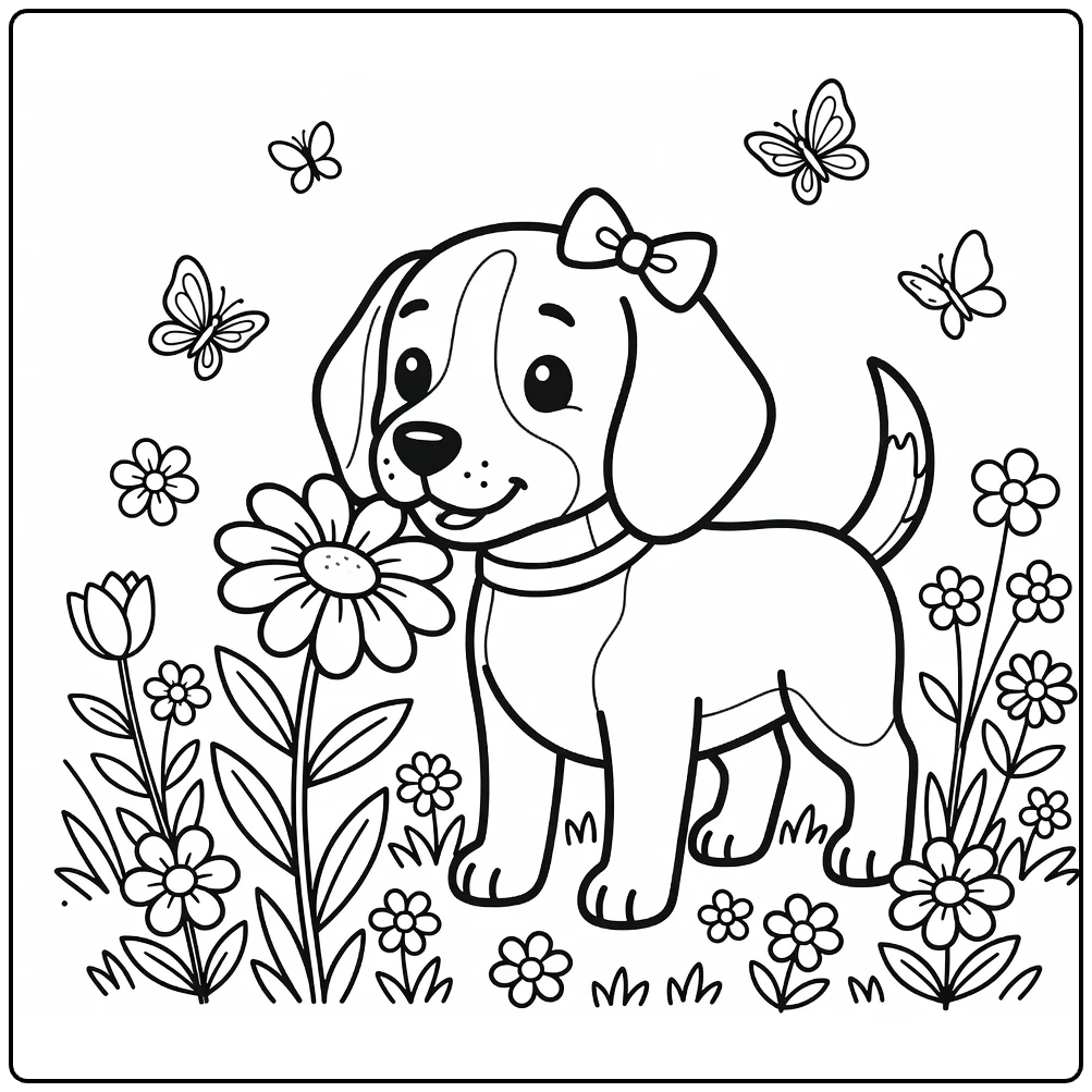 Dog with bow coloring page: Beagle sniffing daisy in garden