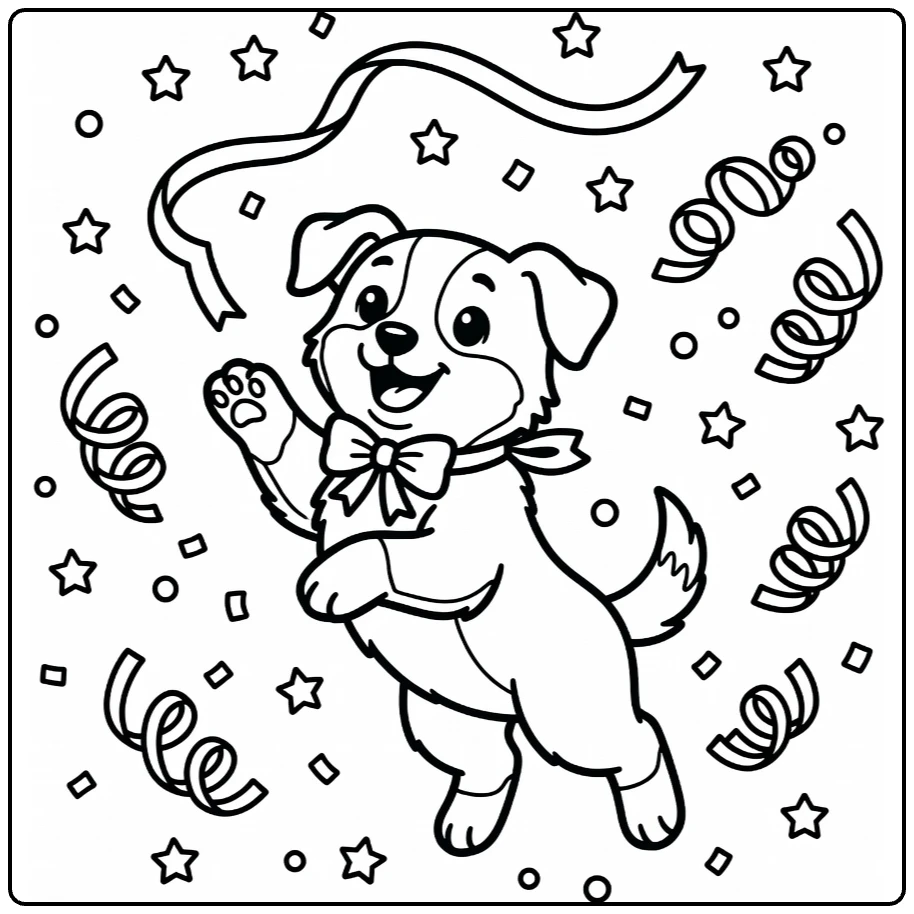 Dog with bow coloring page: Border Collie puppy jumps for ribbon amid confetti, stars