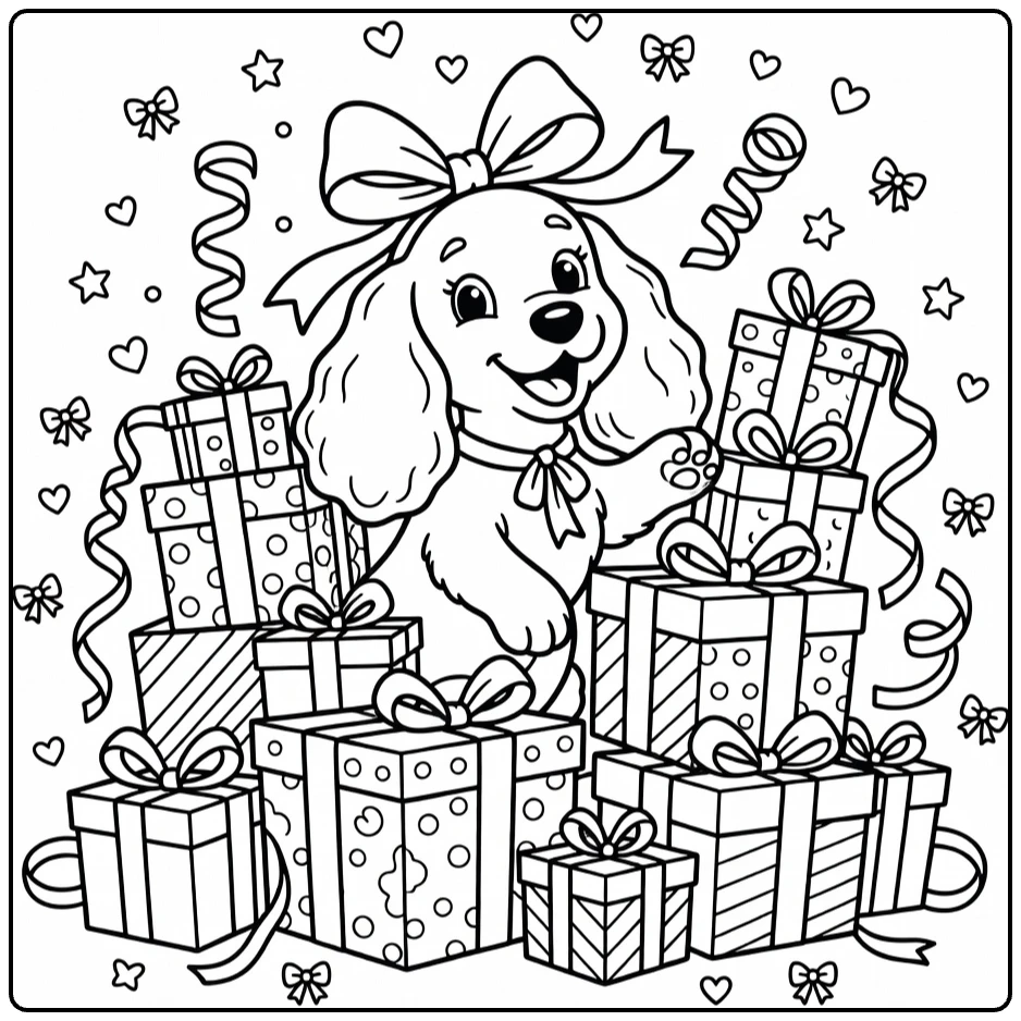 Dog with bow coloring page: Cocker Spaniel peeking from gifts
