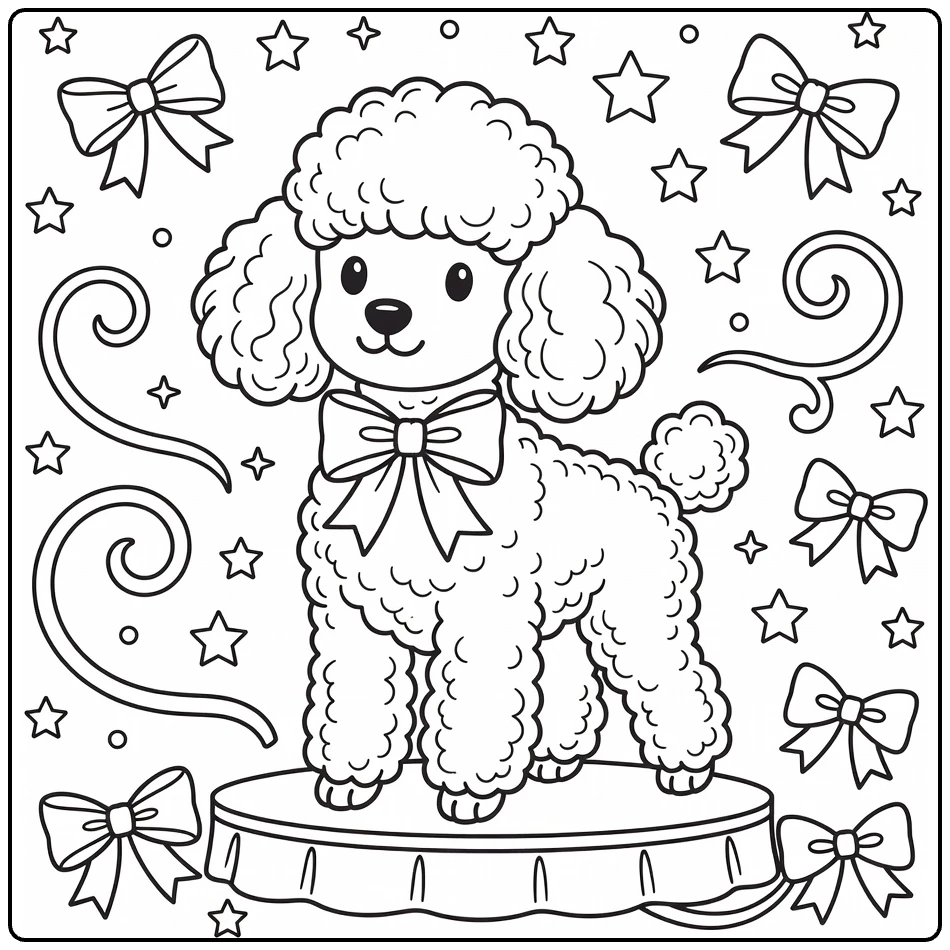 Dog with bow coloring page: curly Poodle on stage with stars