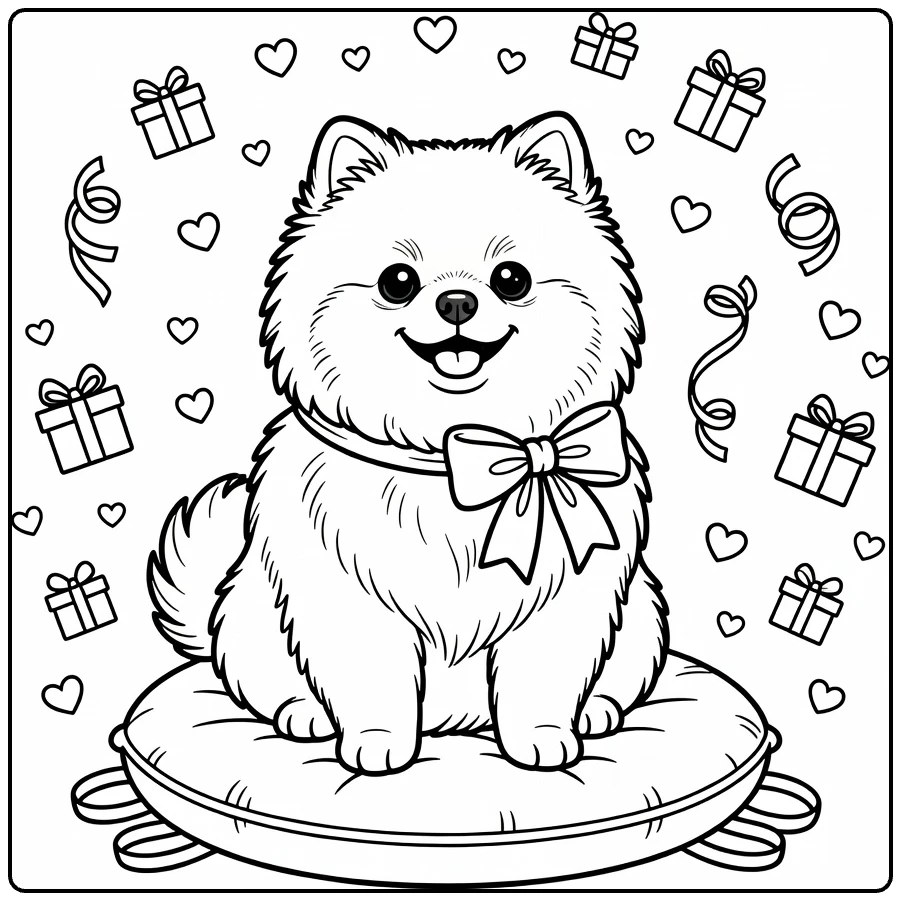Dog with bow coloring page: fluffy Pomeranian on cushion