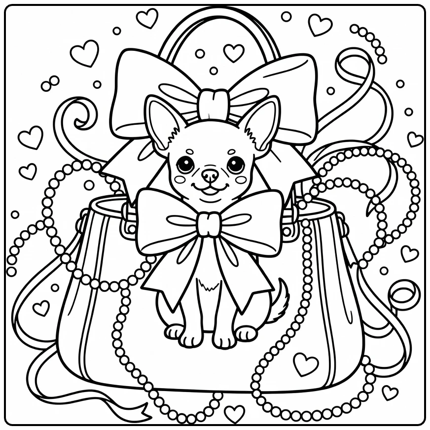 Dog with bow coloring page: Chihuahua in handbag, bow, hearts