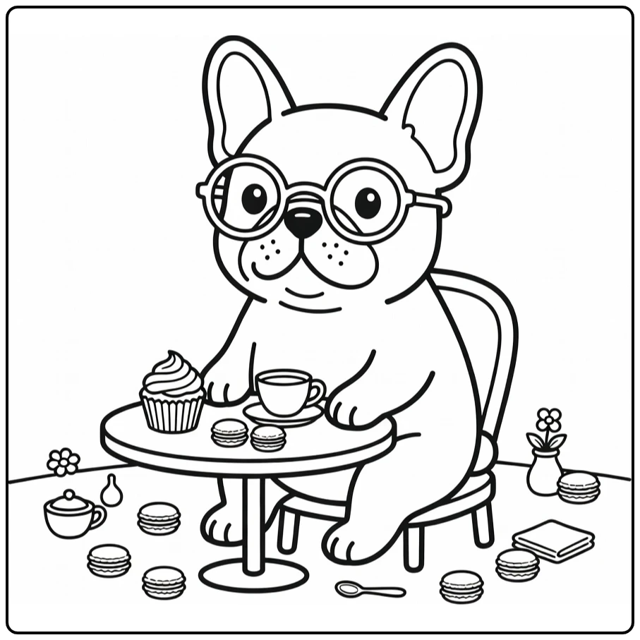 Cute Frenchie dog with glasses coloring page at cafe table