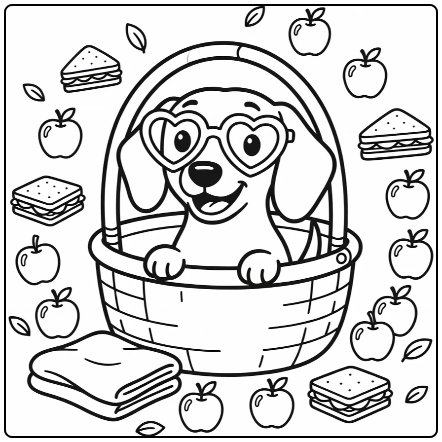 Dog with glasses coloring page: playful dachshund in basket