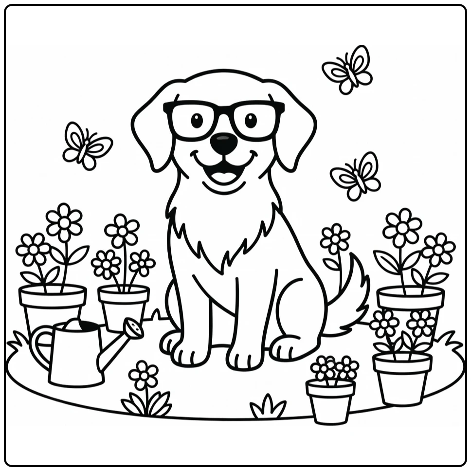 Dog with glasses coloring page: cheerful pup with daisies