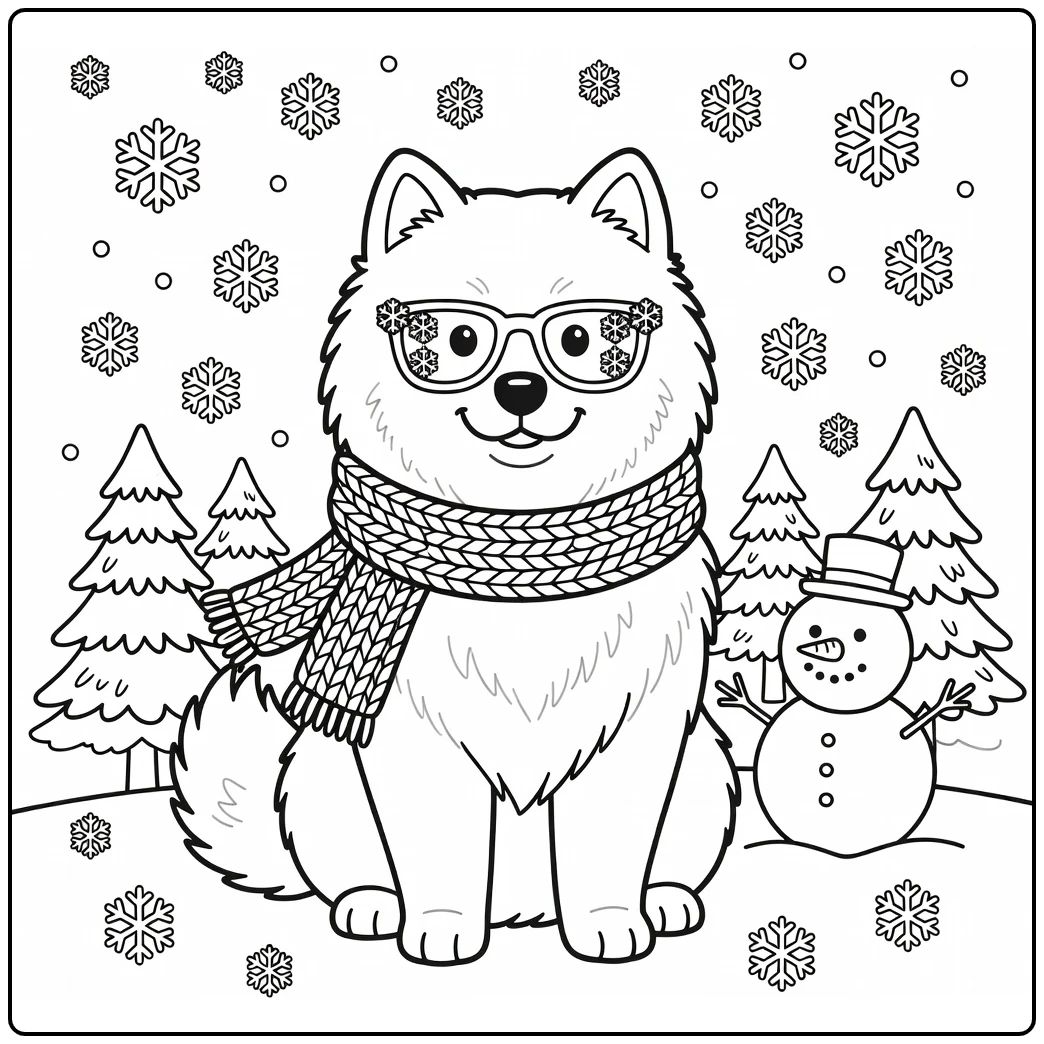 Dog with glasses coloring page: Samoyed, scarf, snowman