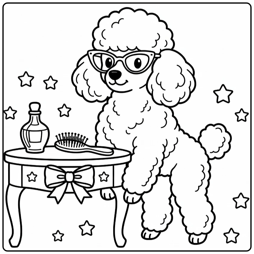 Dog with glasses coloring page: poodle in cat-eye frames