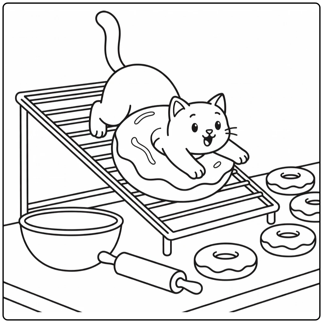 Donut cat coloring pages: playful cat sliding through giant donut