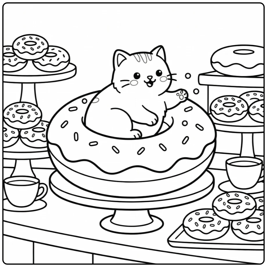 Donut cat coloring pages: cat curled in giant frosted donut hole