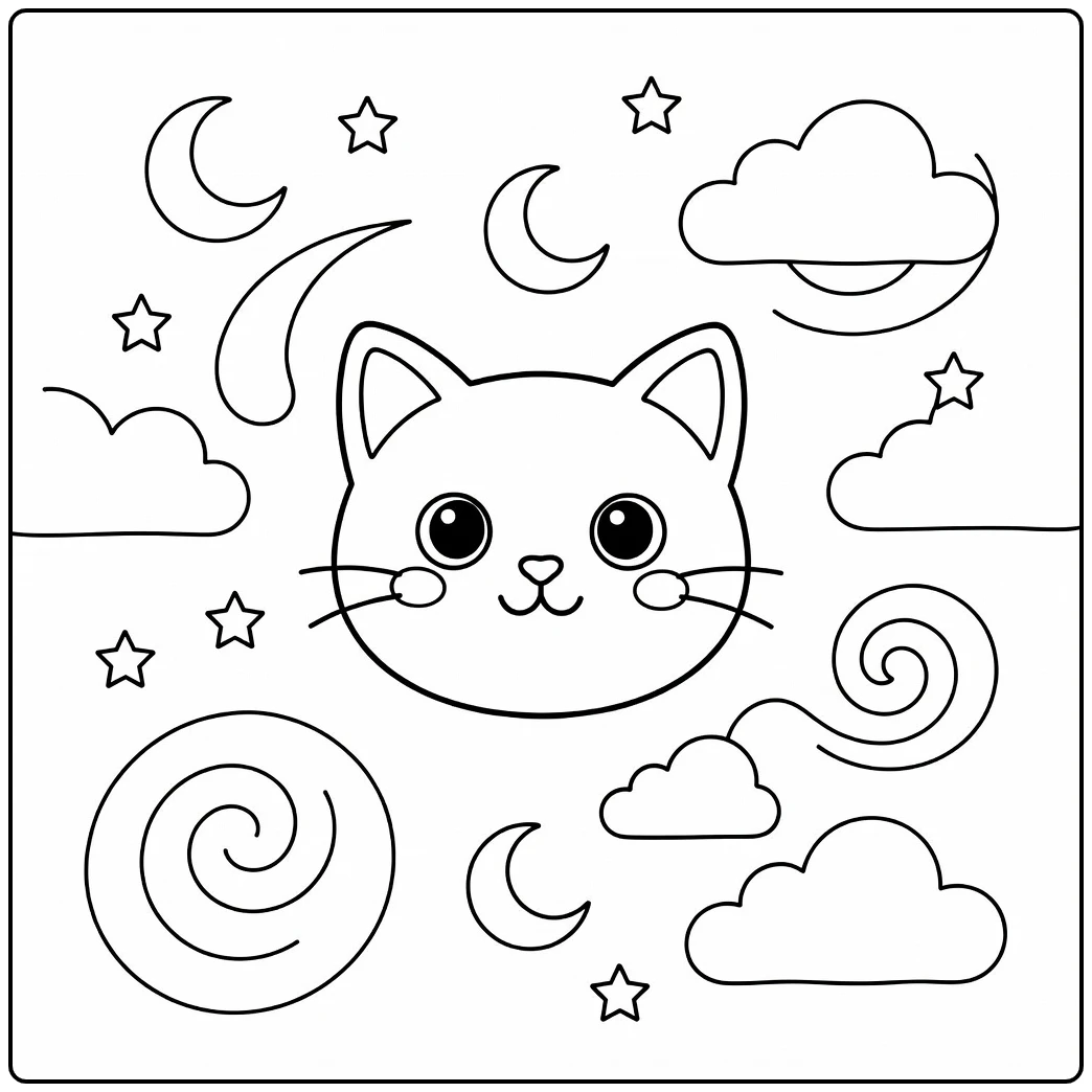 Playful celestial cat head coloring pages with stars moons