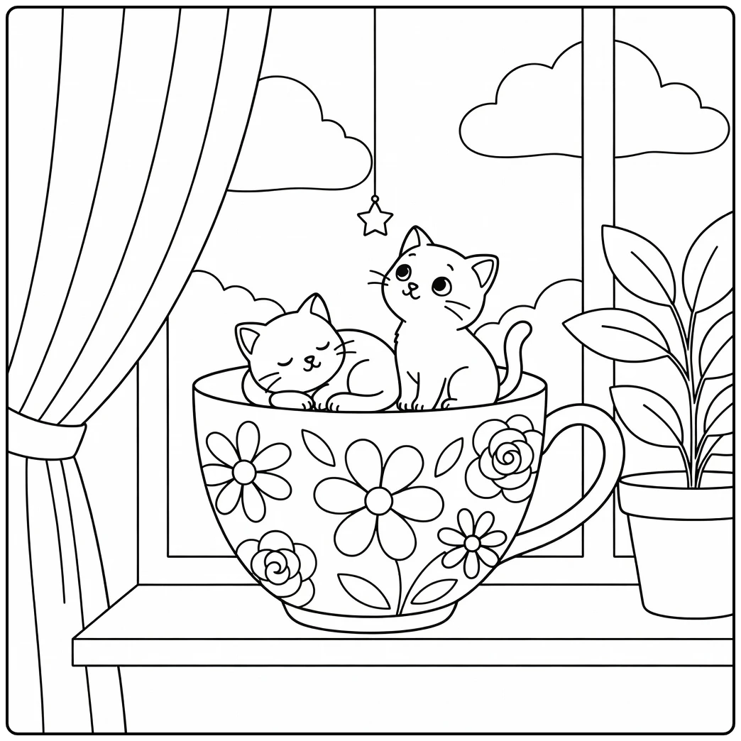 Two tiny cats in floral cup on windowsill, cat in a cup coloring pages