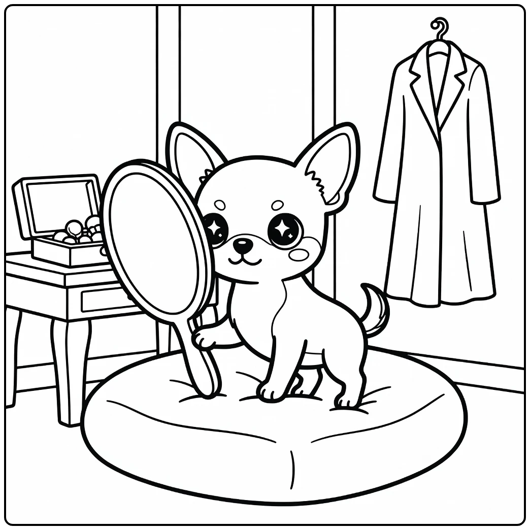 A Chihuahua on a cushion in a kawaii dog coloring page scene.