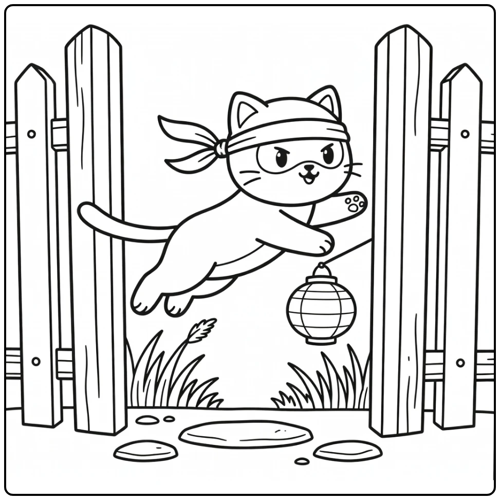 Cat ninja leaping between fence posts, cat ninja coloring pages
