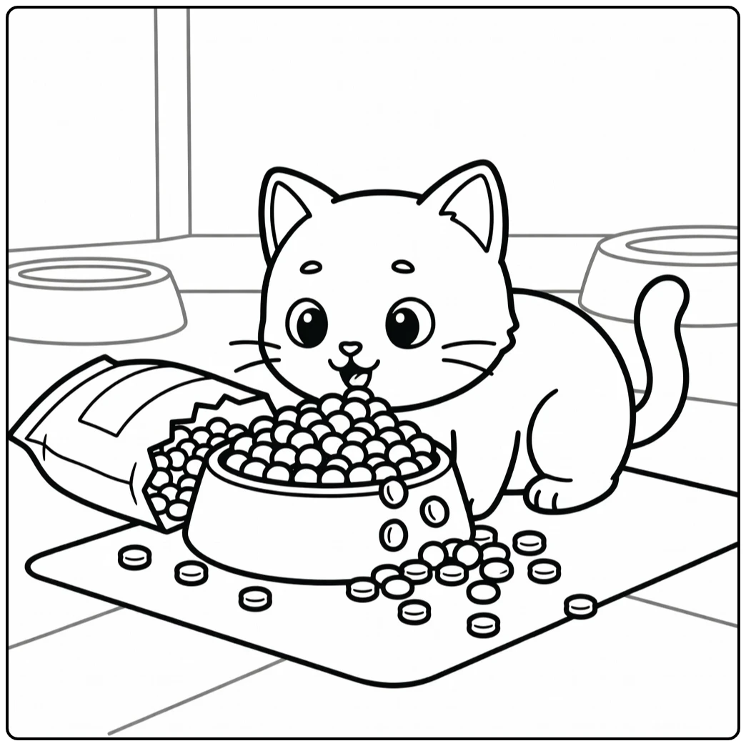 Hungry cat sniffing overflowing kibble bowl, cat food coloring pages