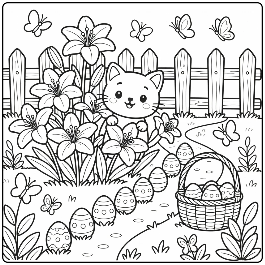 Easter cat coloring pages: peeking from lilies at eggs