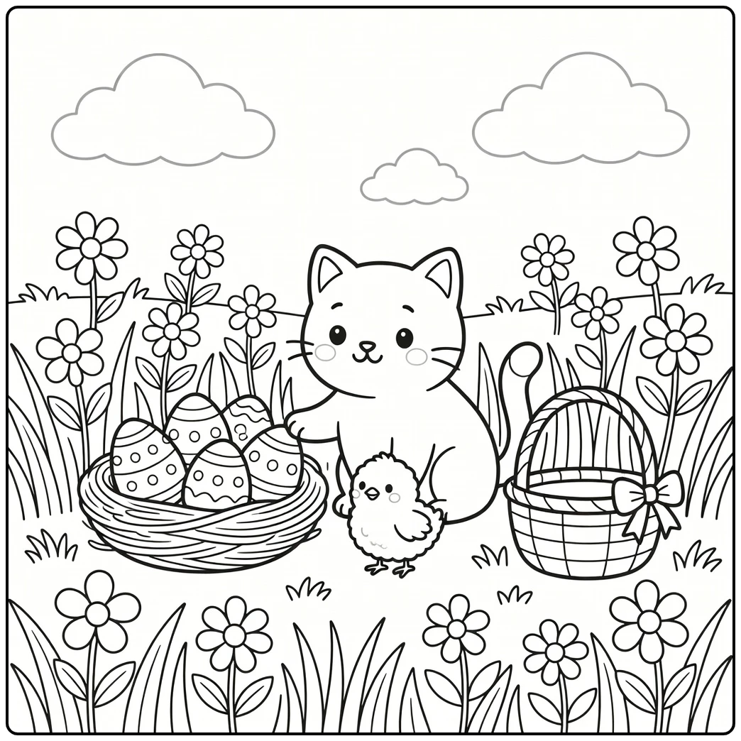 Easter cat coloring pages: cat reaches for chick amid eggs