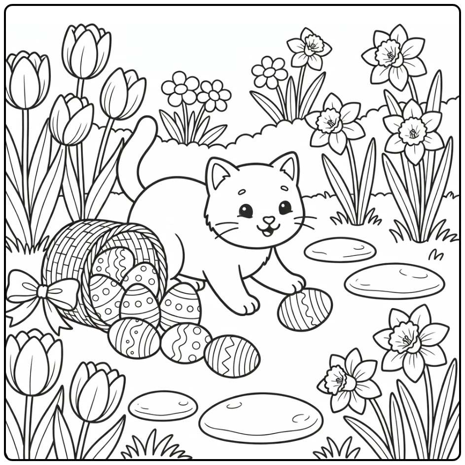 Easter cat coloring pages: cat nudges egg by basket in garden