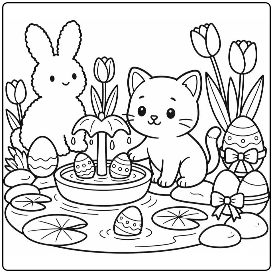 Easter kitten coloring pages: cute kitty paws at fountain egg