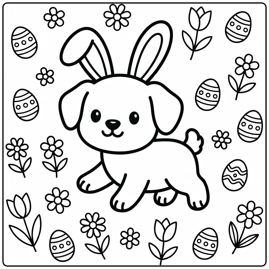 Easter Puppy Coloring Page: Pup in bunny ears with eggs