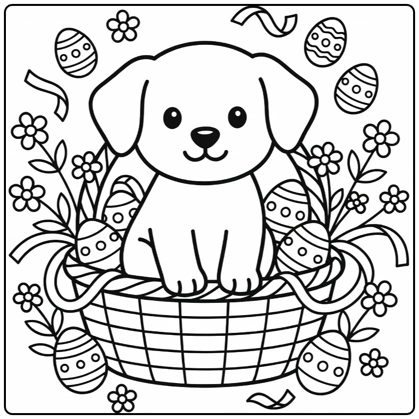 Easter Puppy Coloring Page: puppy in basket with eggs, flowers
