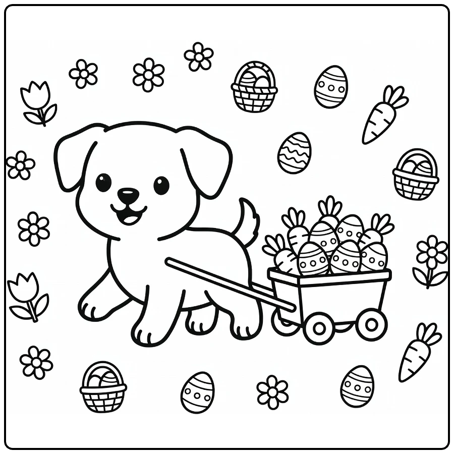 Easter Puppy Coloring Page: Cute pup pulling egg wagon