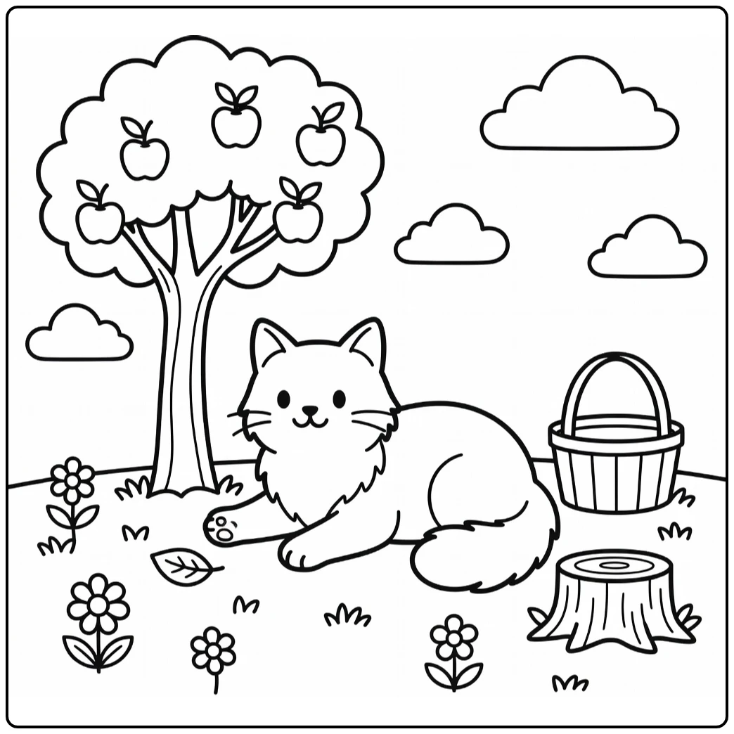 Maine Coon cat reaching for leaf under tree, easy cat coloring pages
