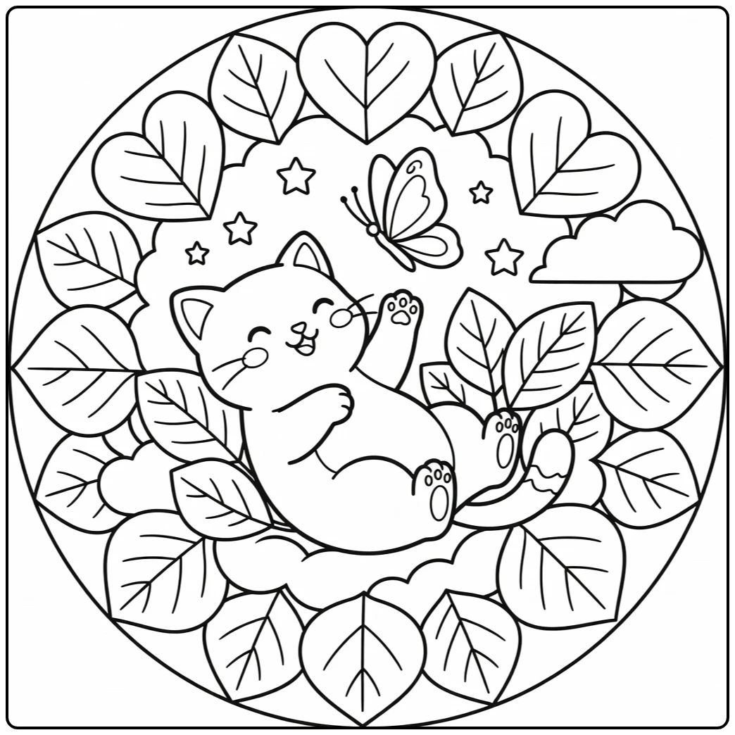 Easy cat mandala coloring pages: cat on back paws to butterfly
