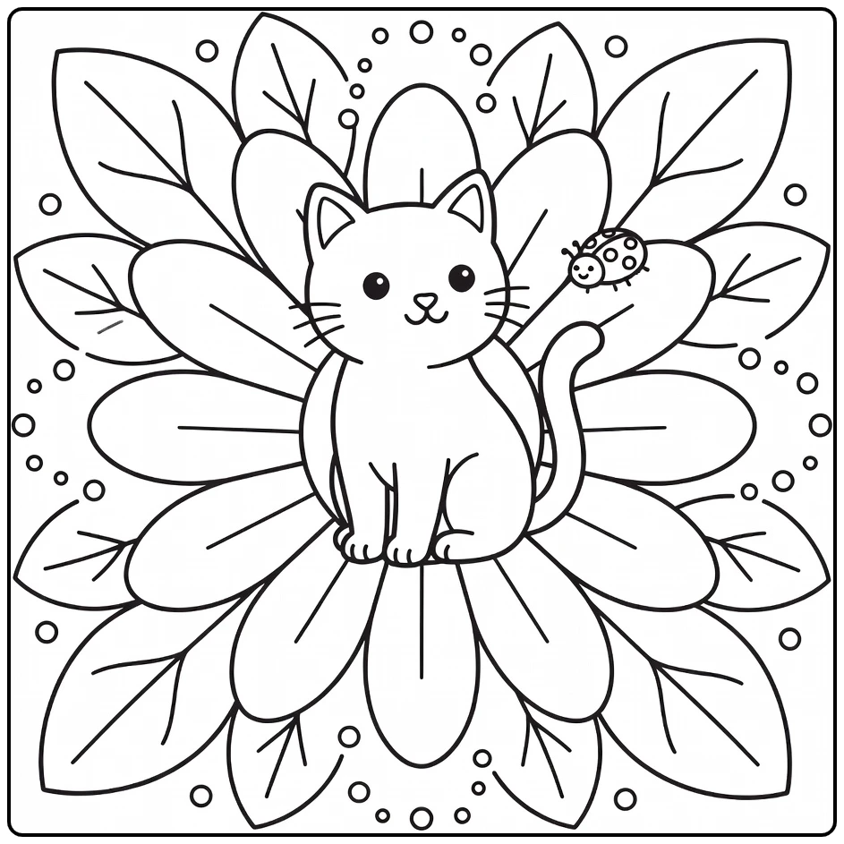 Easy cat mandala coloring pages: cat watches ladybug on daisy