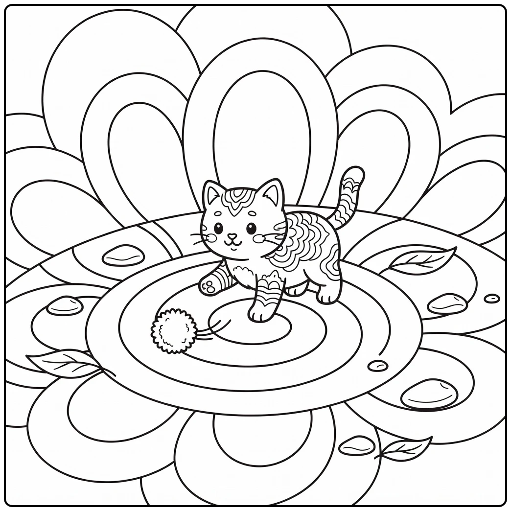 Easy cat mandala coloring pages: cat chases pom-pom on spiral floor