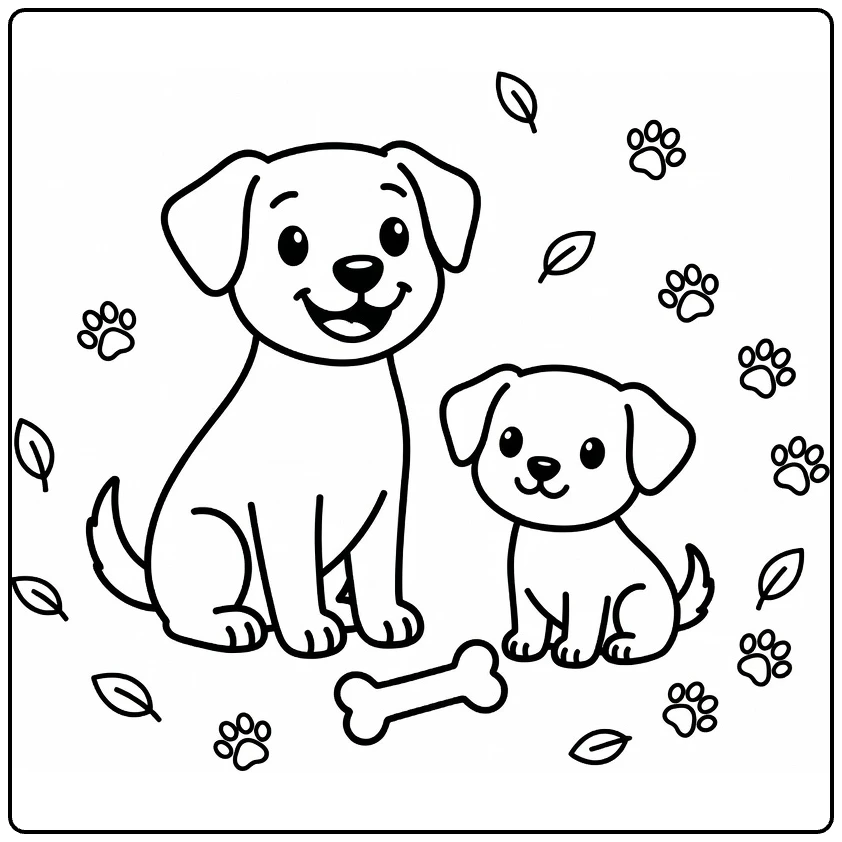Easy dog and puppy coloring page: happy dog sits with puppy, toy bone