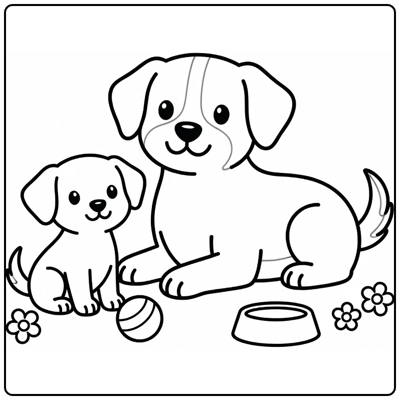 Easy dog and puppy coloring page: cheerful dog lying with pup, ball