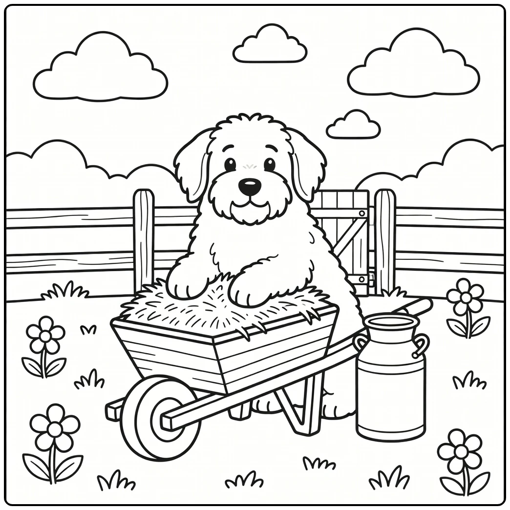 easy dog coloring page for adults: Sheepdog in barnyard