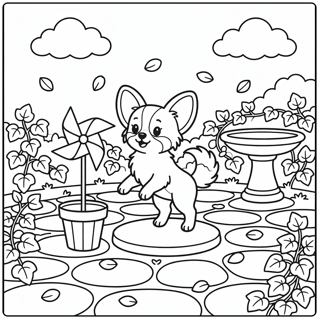 Easy dog coloring page for adults: Papillon on stone in courtyard