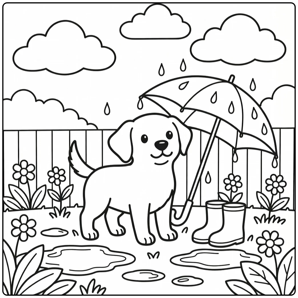 Easy dog coloring page for adults: rainy Labrador backyard