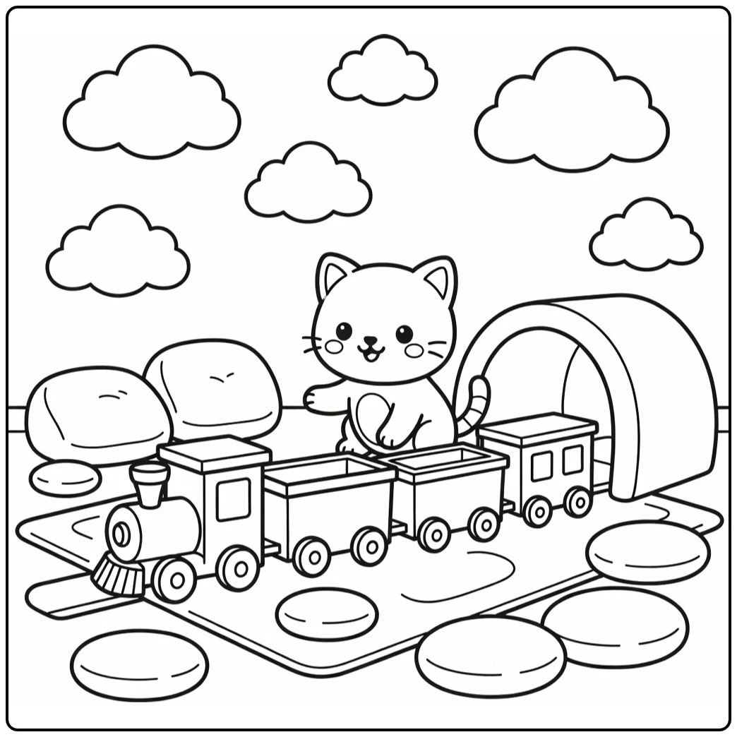 easy kitten coloring pages: kitten pushes toy train