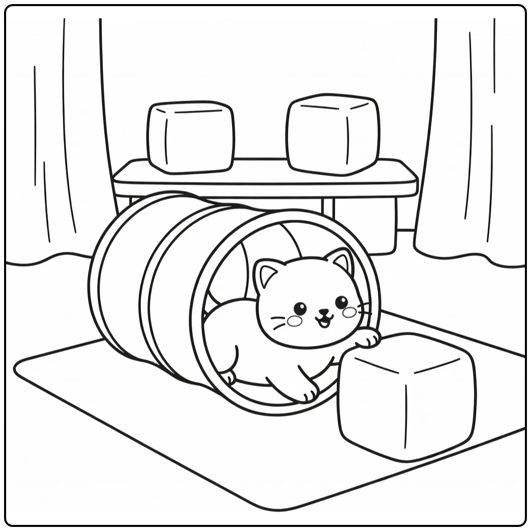 Playful easy kitten coloring pages in tunnel reaching cube