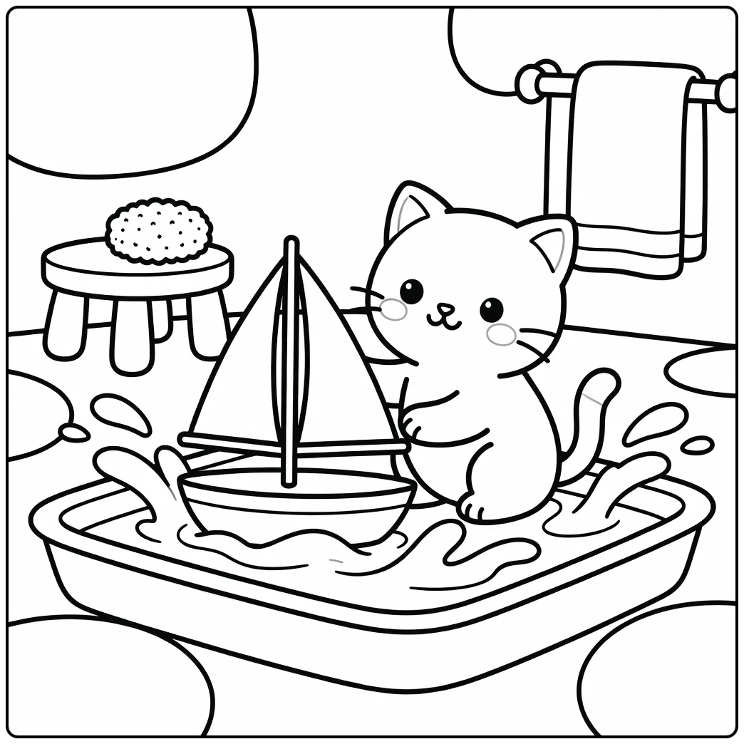 Easy kitten coloring pages: cute kitten paws toy sailboat