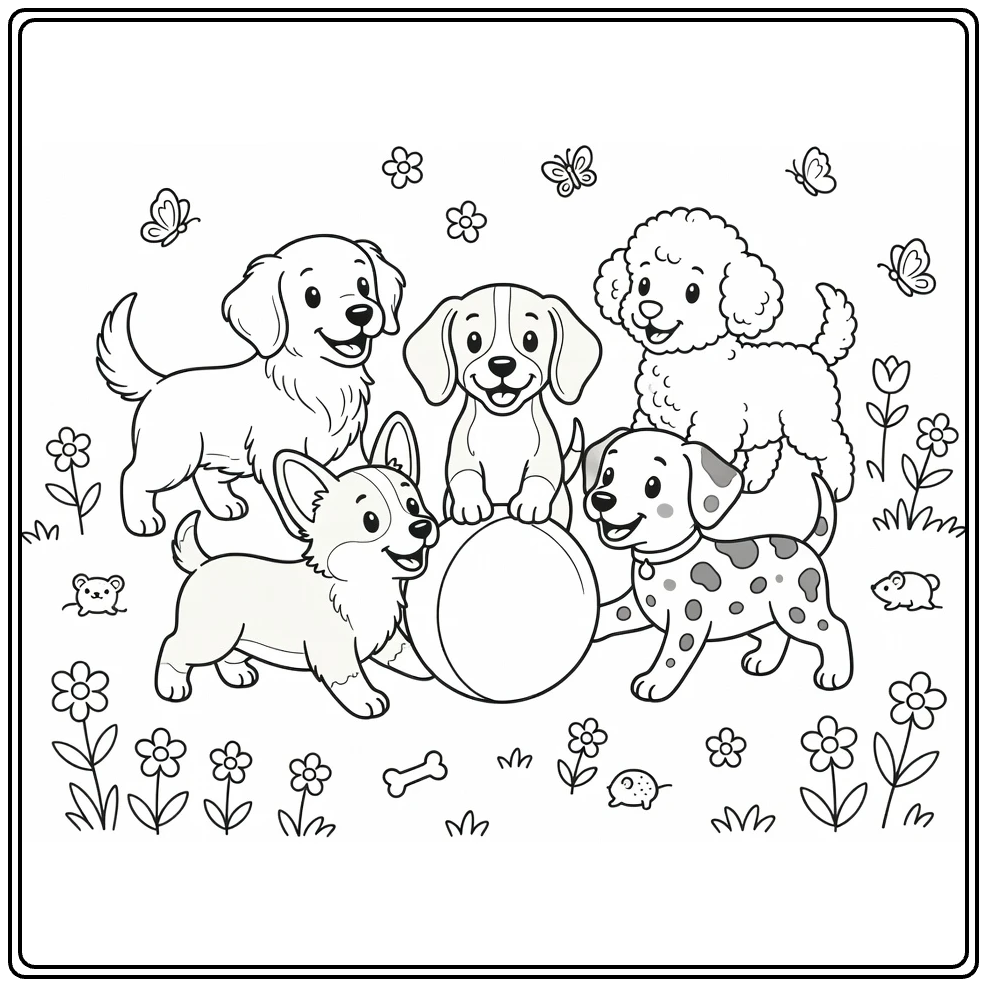 Easy puppy coloring pages: 5 breeds playing ball in garden