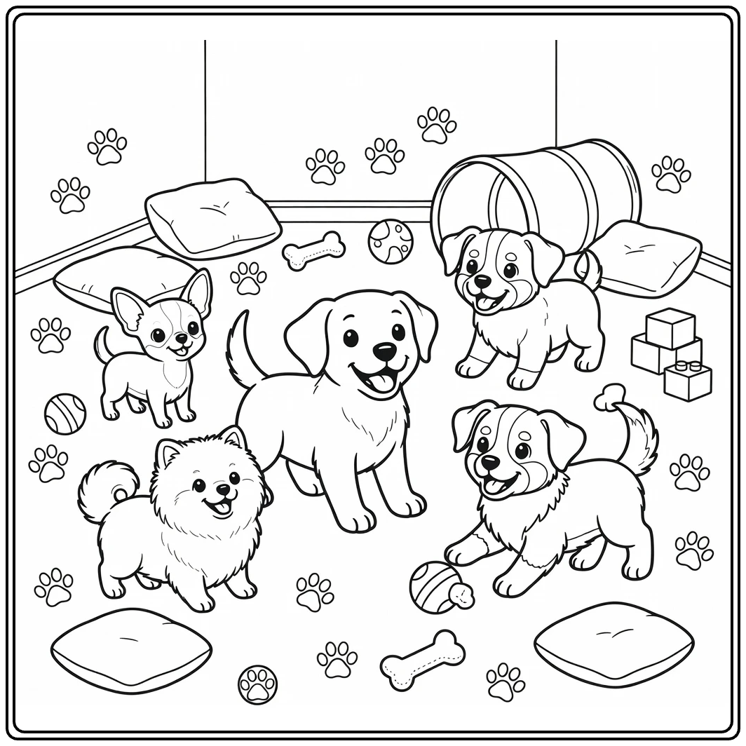 Easy puppy coloring pages: 5 breeds playing in playroom