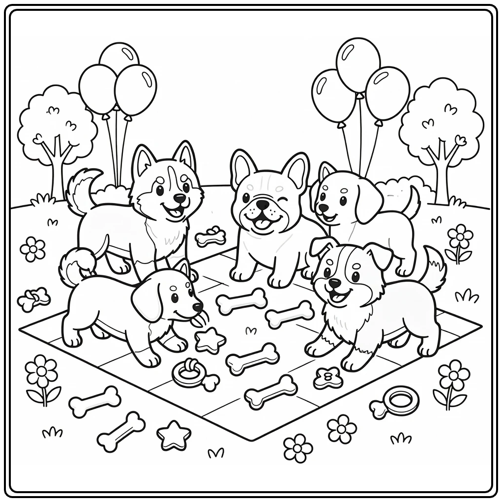 Easy puppy coloring pages: 5 breeds playing on picnic blanket