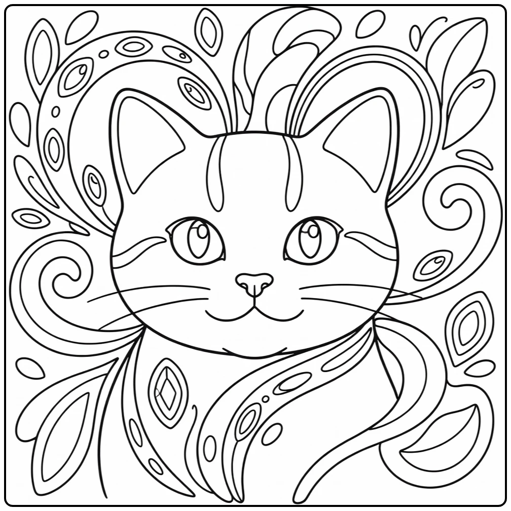 Fantasy cat's eye coloring pages: noble cat with gems & ribbons