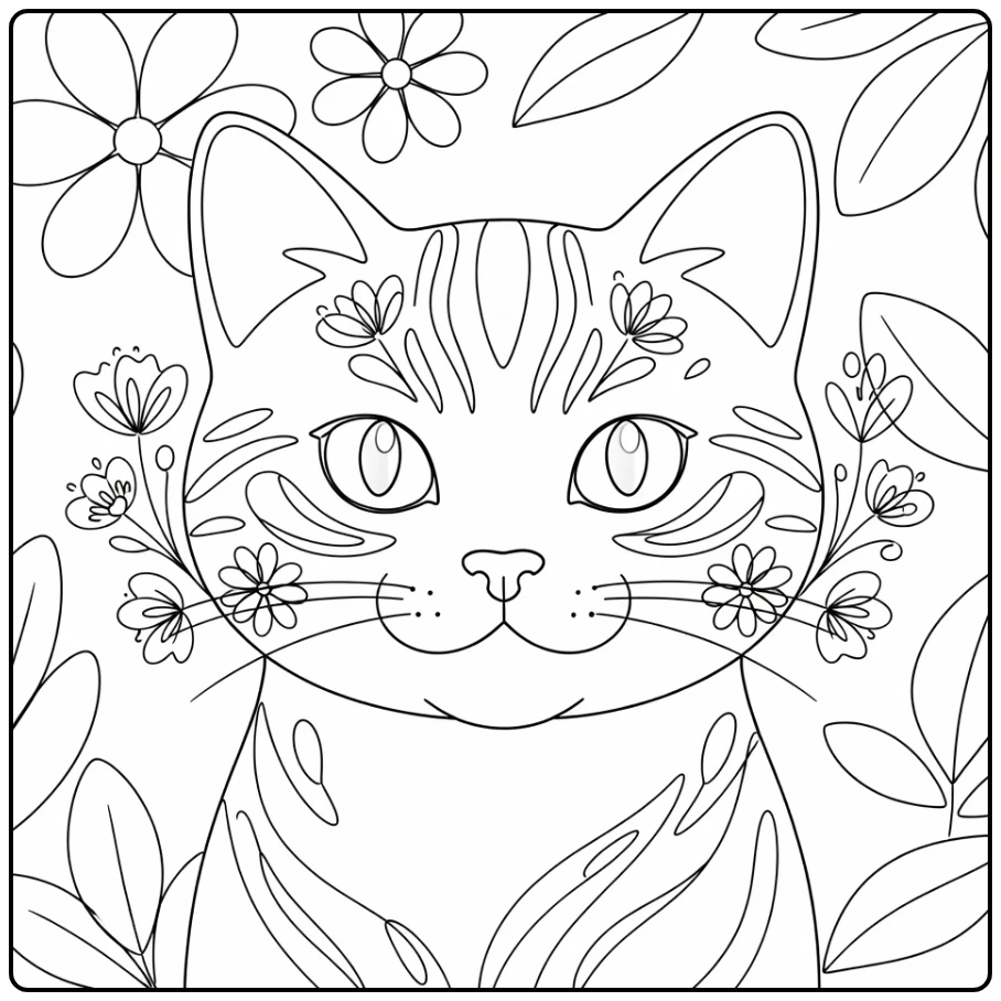 Cat's eye coloring pages: artistic cat face with floral accents