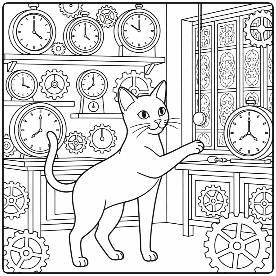 Egyptian Mau cat reaches for pendulum in clock shop, hard cat coloring pages