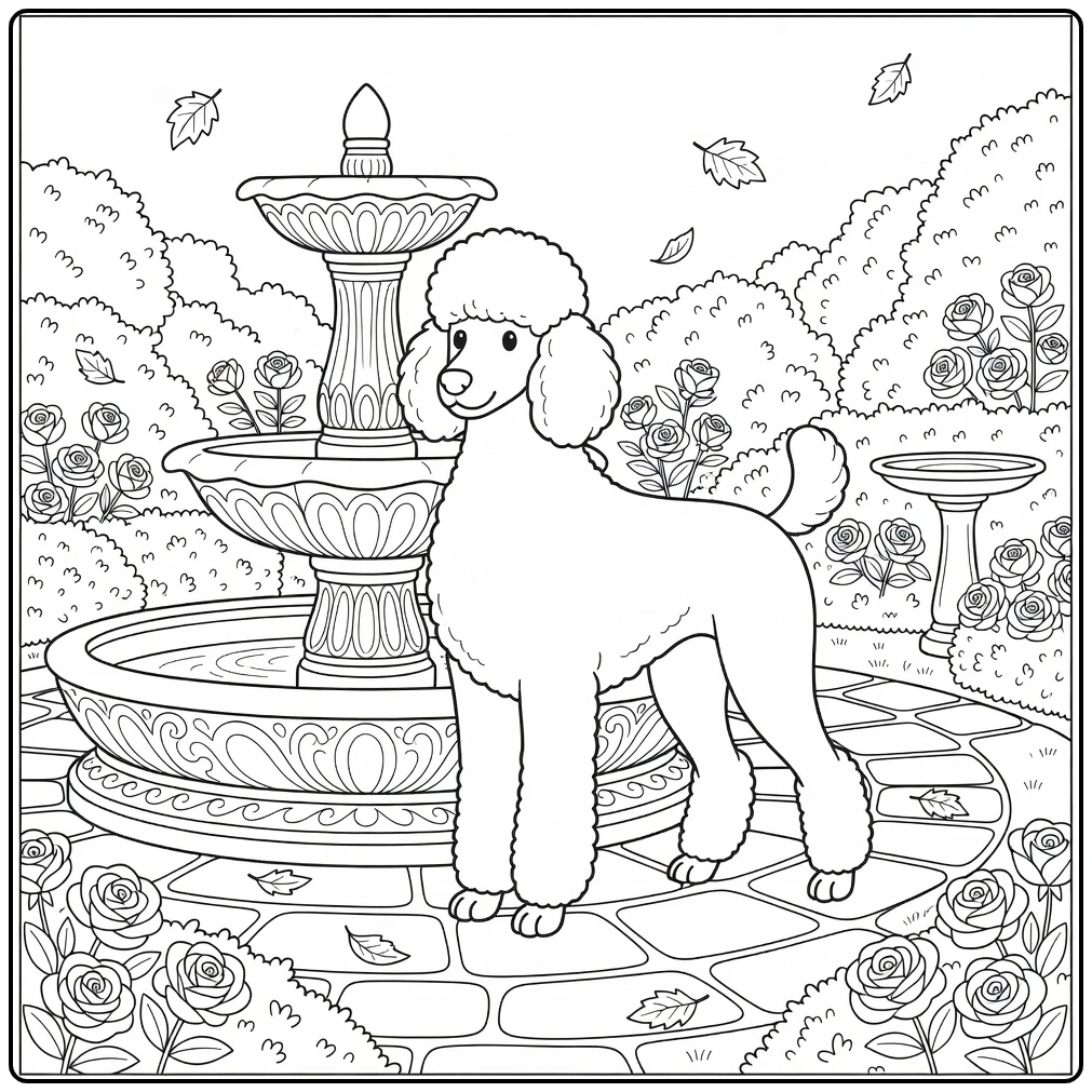 Dog coloring page for adults: Poodle by ornate fountain