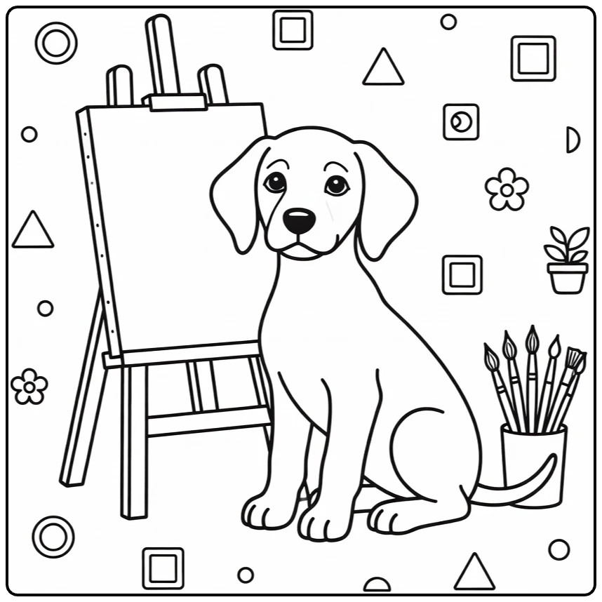 Weimaraner Puppy coloring page with easel and brushes