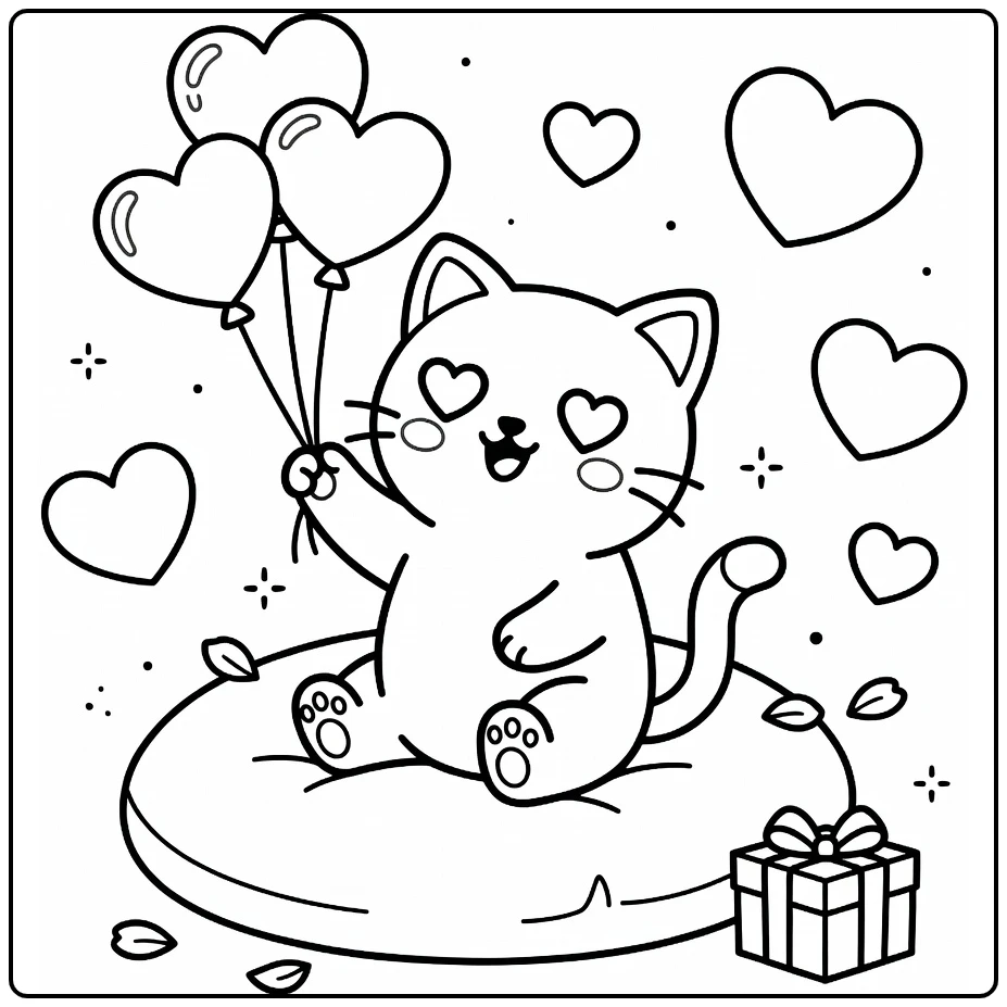 Emoji cat coloring pages: heart-eyed cat bats balloons