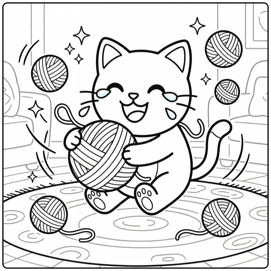 Emoji cat coloring pages: laughing cat hugs yarn ball