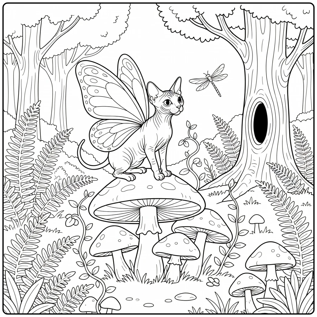 Cat with wings coloring pages: Sphynx on mushrooms chasing dragonfly